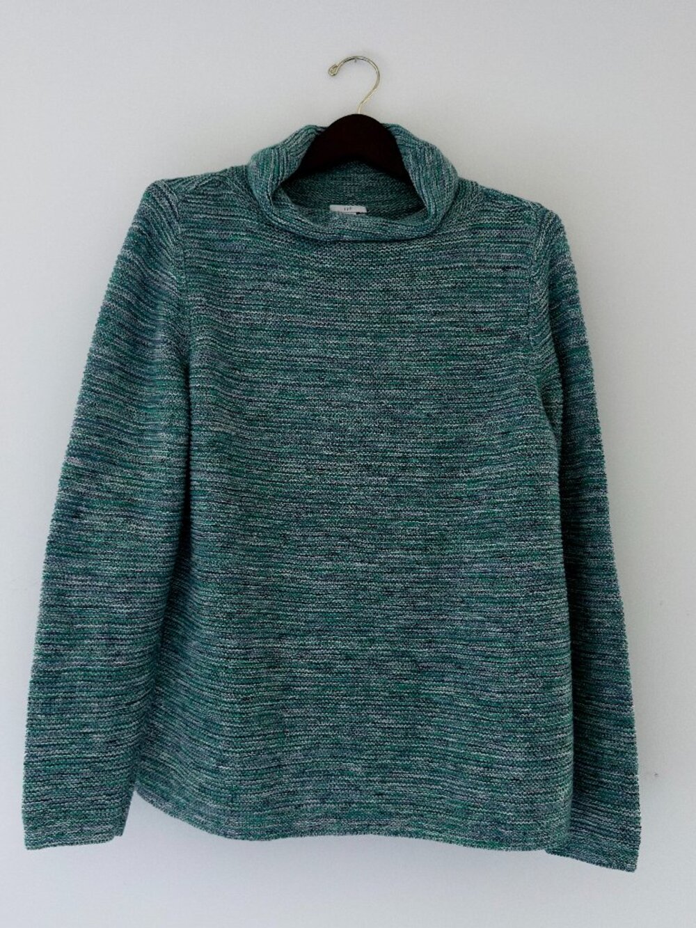 J. Jill Crowl Neck Sweater Petite Large L Green Space Dye Knit Cozy Cotton Blend
